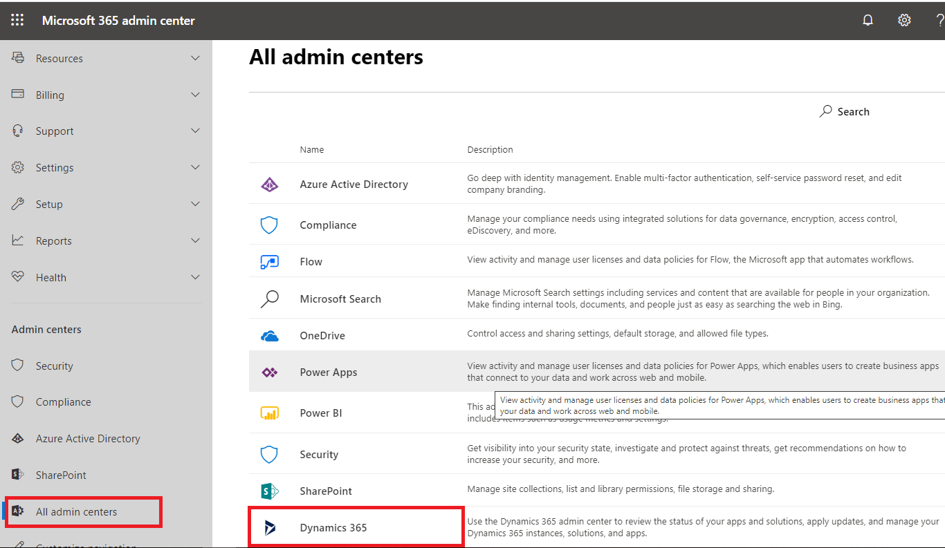 select all admin centres