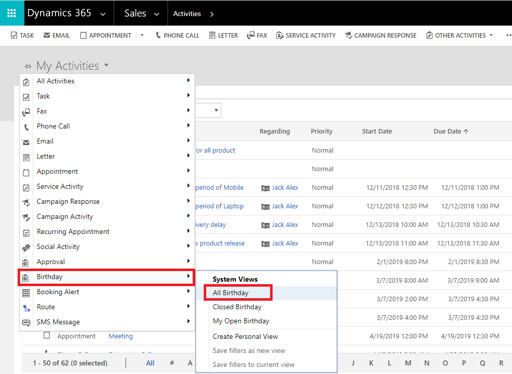 custom activities in Dynamics Calendar