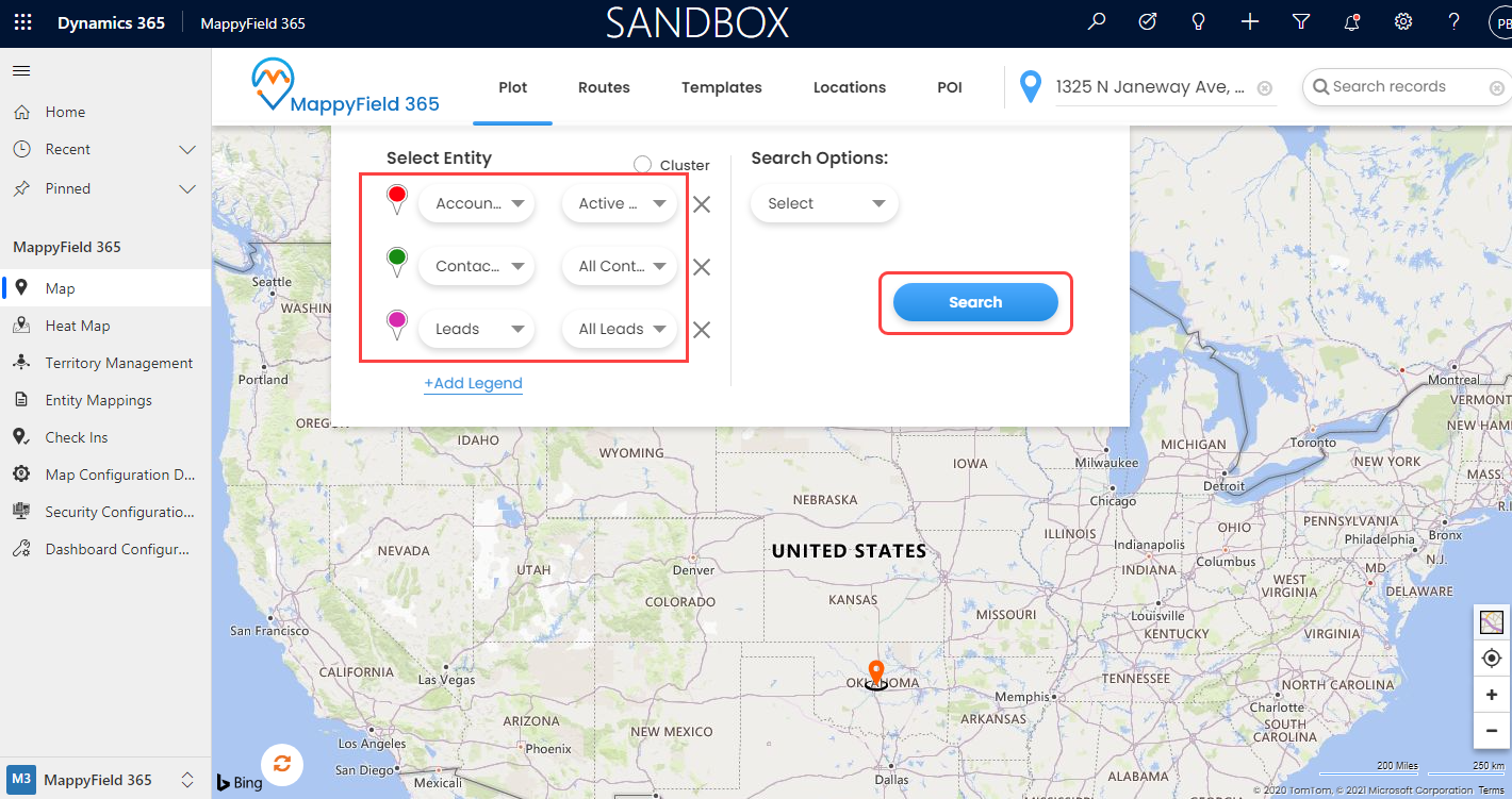 Account, Contact, and Lead entities on the map